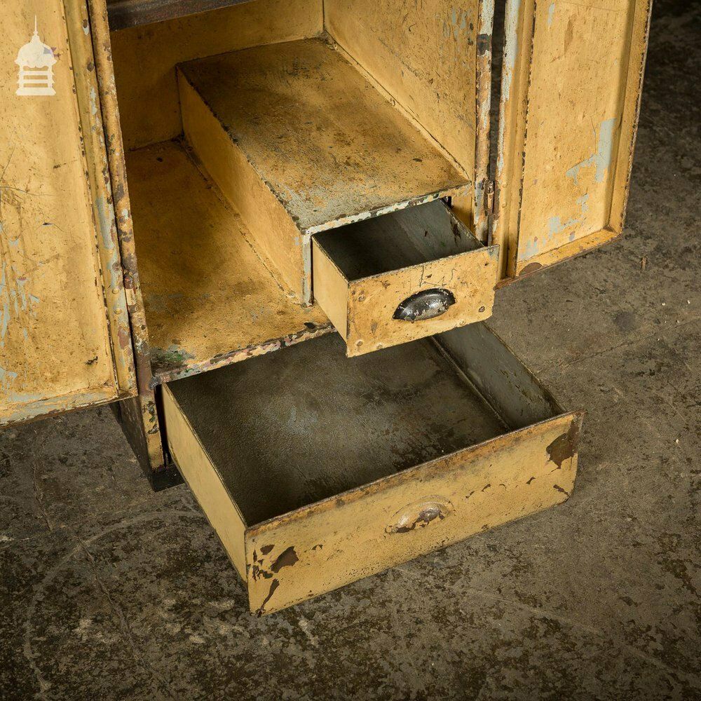 Vintage Metal Workshop Cabinet Cupboard With Shelves And Two Drawers photo Furniture