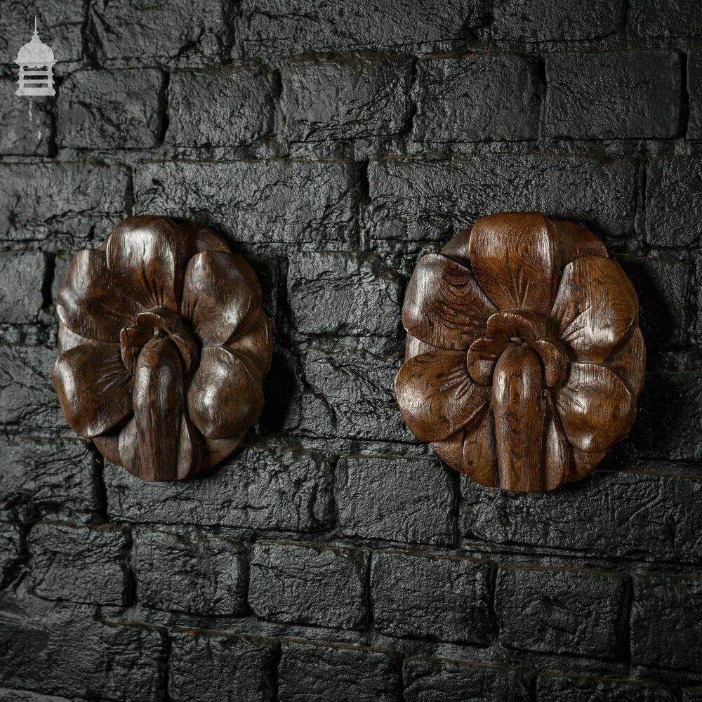Pair Of Early Oak Floral Petal Carvings photo 480.0