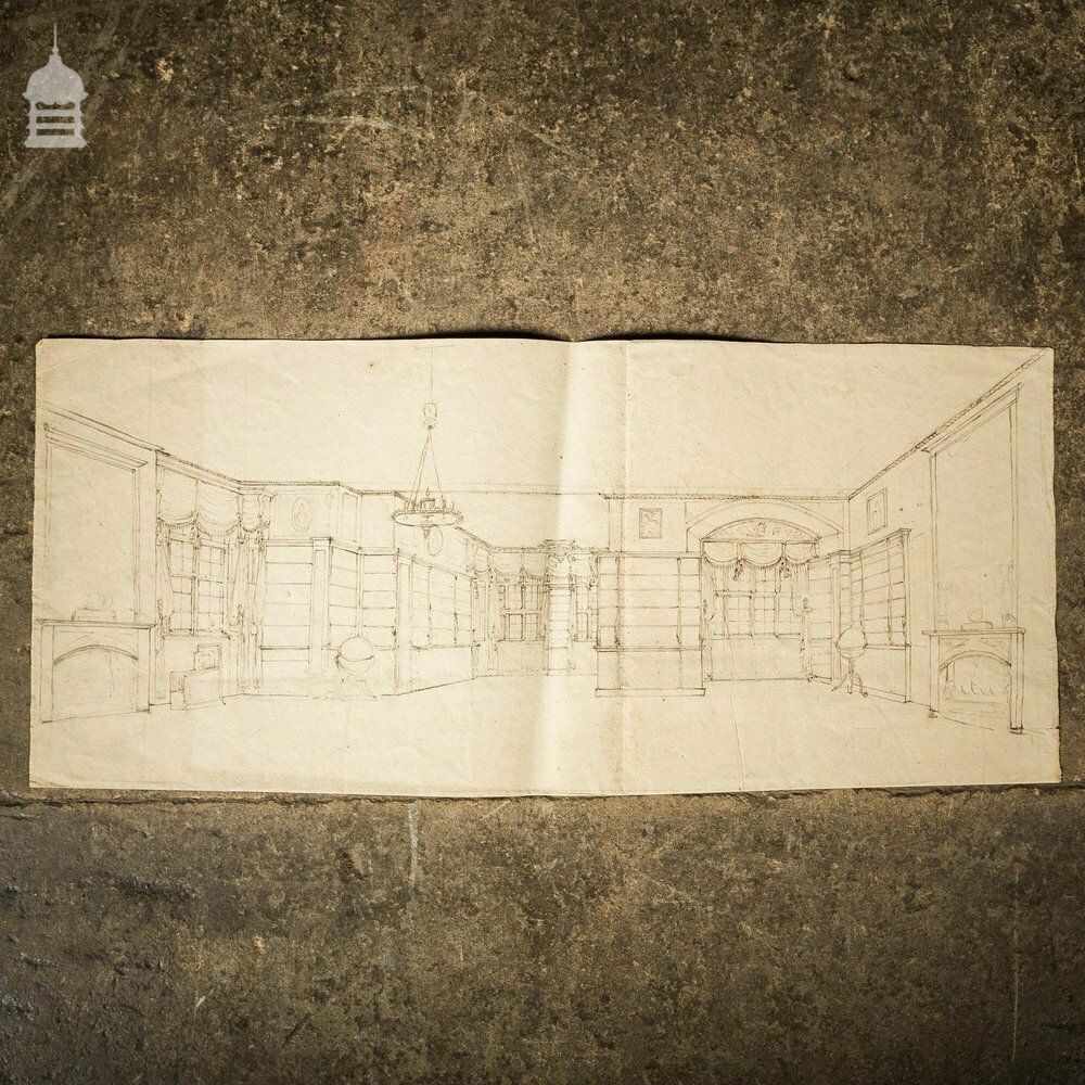 Original Edwardian Hand Drawn Sketch Of A Stately Home Grand Drawing Room