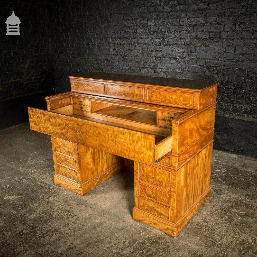 photo furniture Early 19th C Maple Pedestal Bureau Desk With Internal Birds Eye Maple And Leather Writing Surface