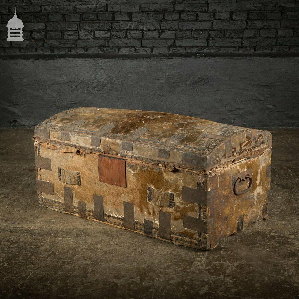 19th C Wooden Trunk Covered In Hide With Metal Strapping, Studs And E.V Monogram On Lid photo 420.0