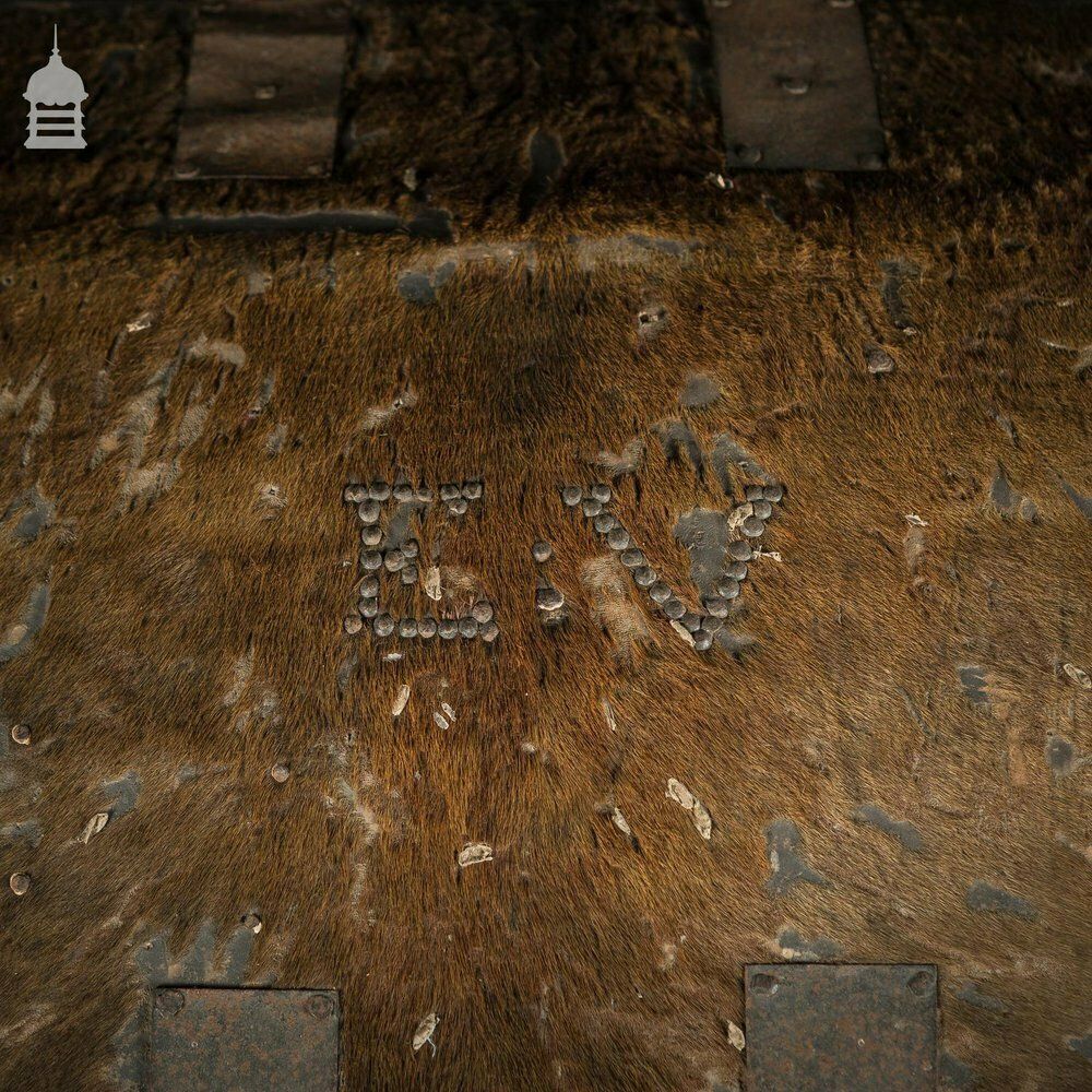 19th C Wooden Trunk Covered In Hide With Metal Strapping, Studs And E.V Monogram On Lid photo buy