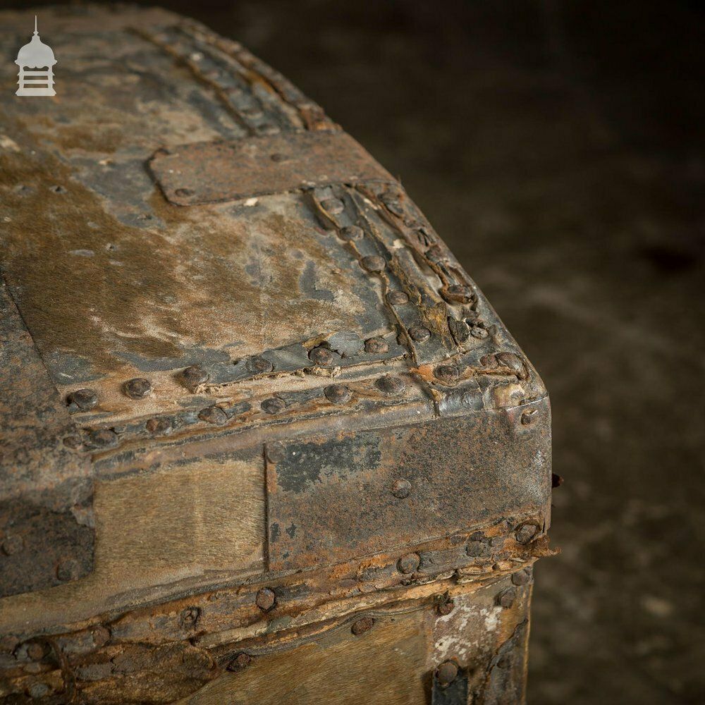photo for sale 19th C Wooden Trunk Covered In Hide With Metal Strapping, Studs And E.V Monogram On Lid