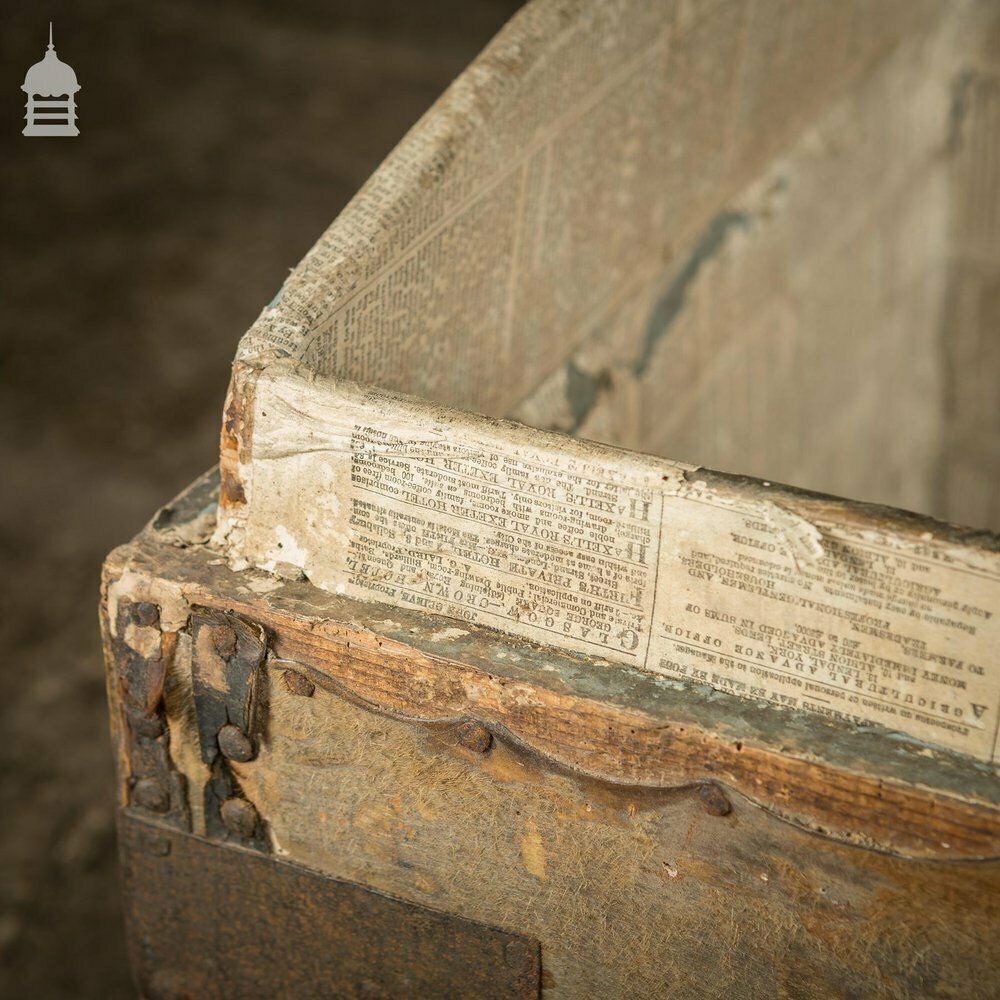 photo vinterior 19th C Wooden Trunk Covered In Hide With Metal Strapping, Studs And E.V Monogram On Lid
