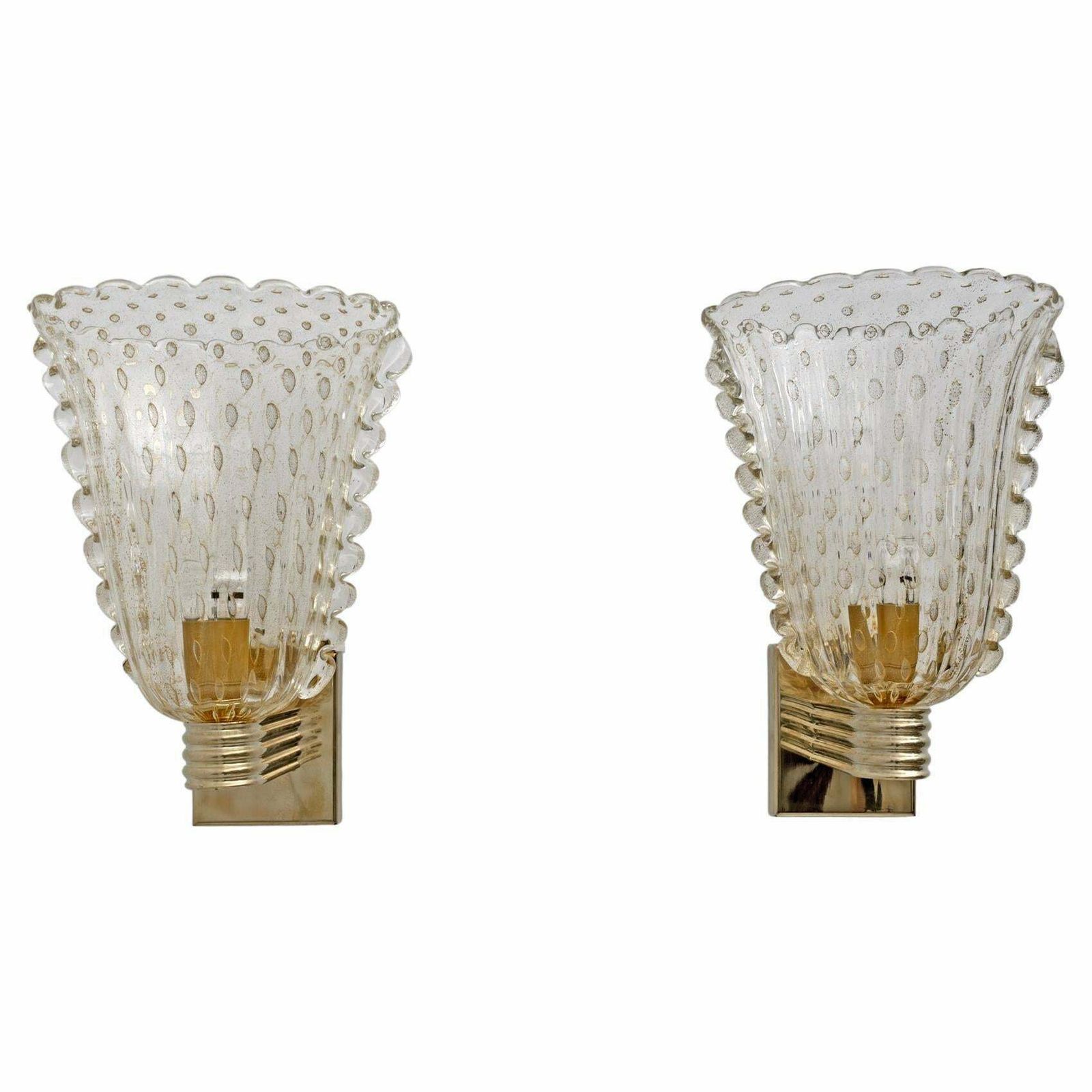 Barovier & Toso Art Dèco Style Brass And Pulegoso Murano Glass Sconces, Pair