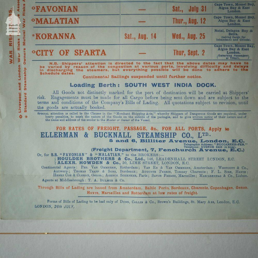 1915 Ellerman & Bucknall Steamship Co. Ltd Notice In Later Frame photo vintage