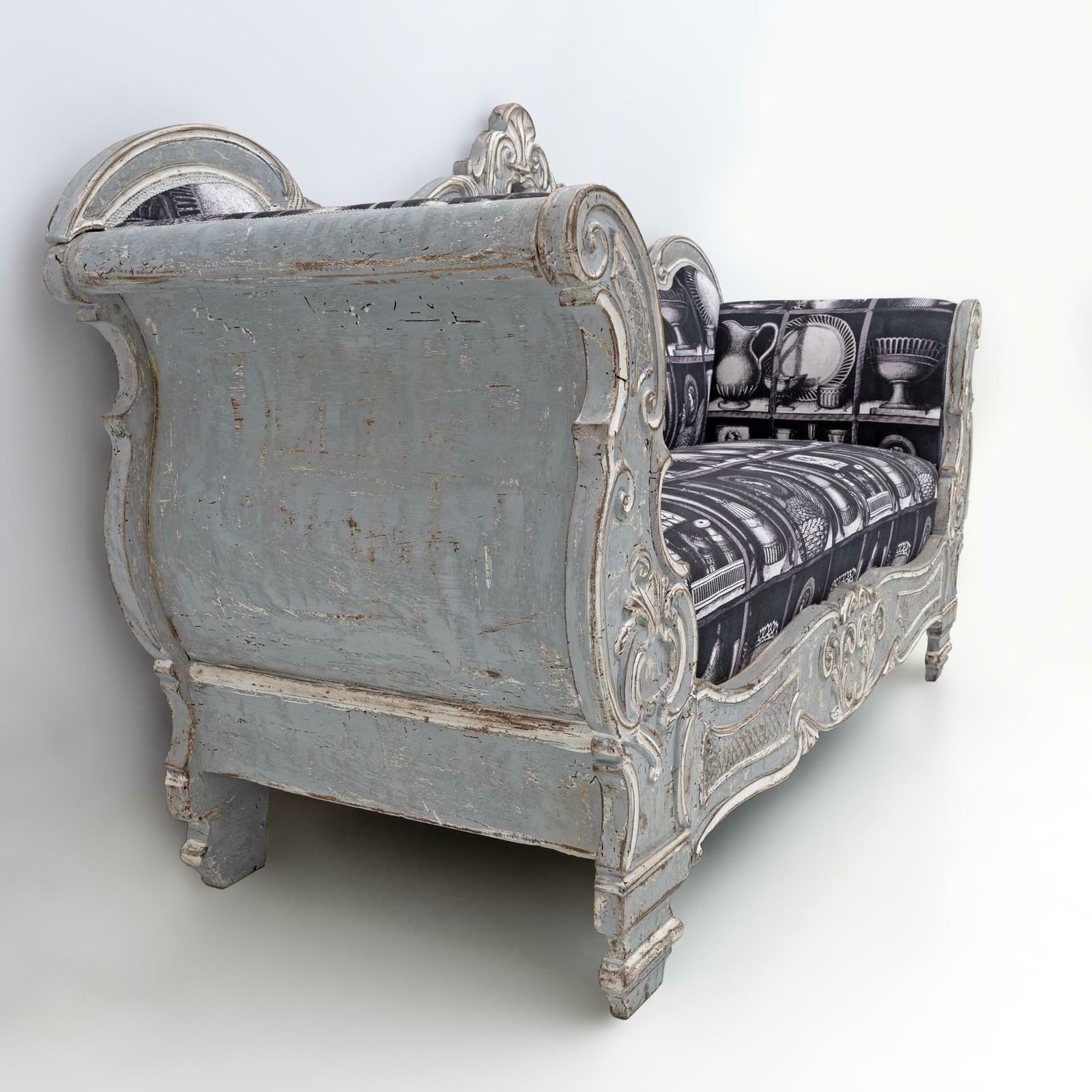 Charles X Style Italian Sofa With Fornasetti Linen Fabric photo vintage