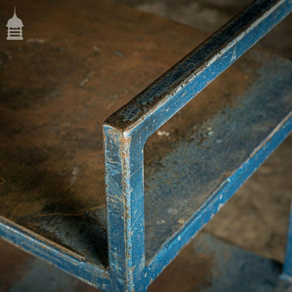 Furniture Vintage Industrial Blue Steel Wheeled Trolley Mobile Shelving Unit photo