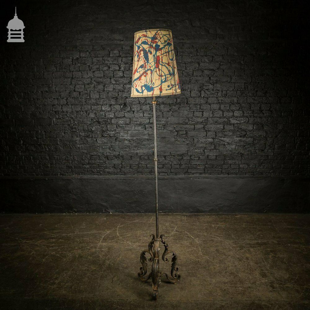 Mid Century Wrought Iron Standard Lamp With Scroll Detail And Colourful Shade photo vinterior