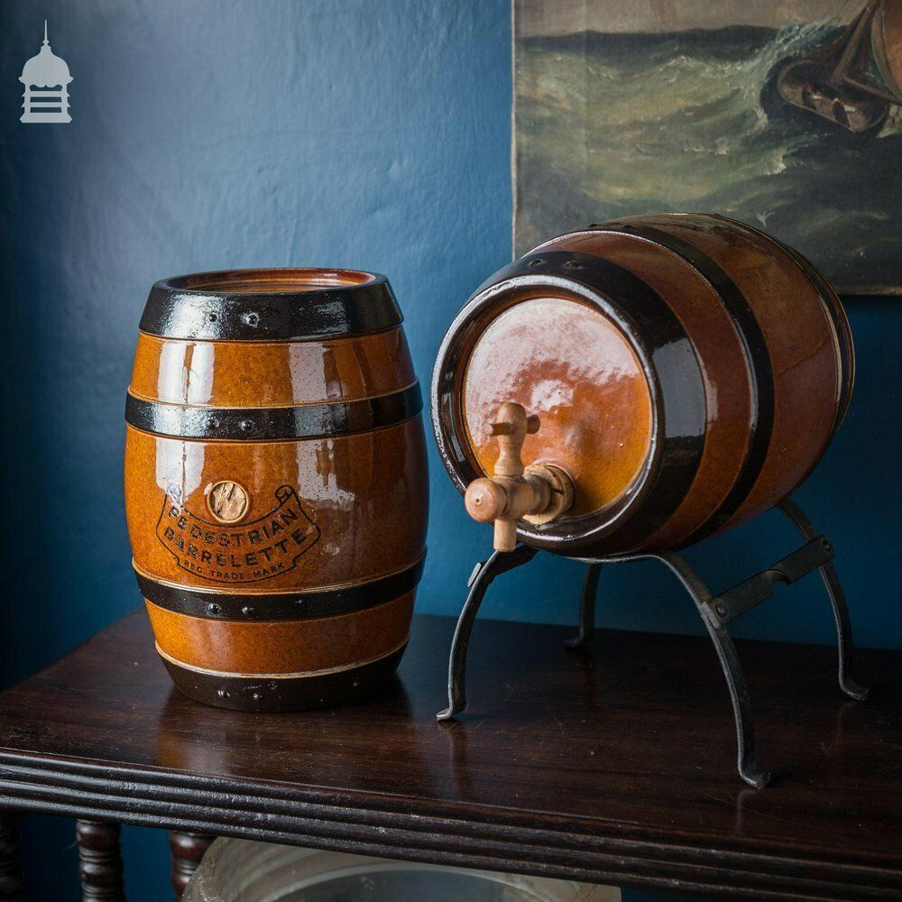 Pair Of Late 19th C Doulton Lambeth Stoneware Pedestrian Barrelette Picnic Whiskey Barrels On Stands photo furniture
