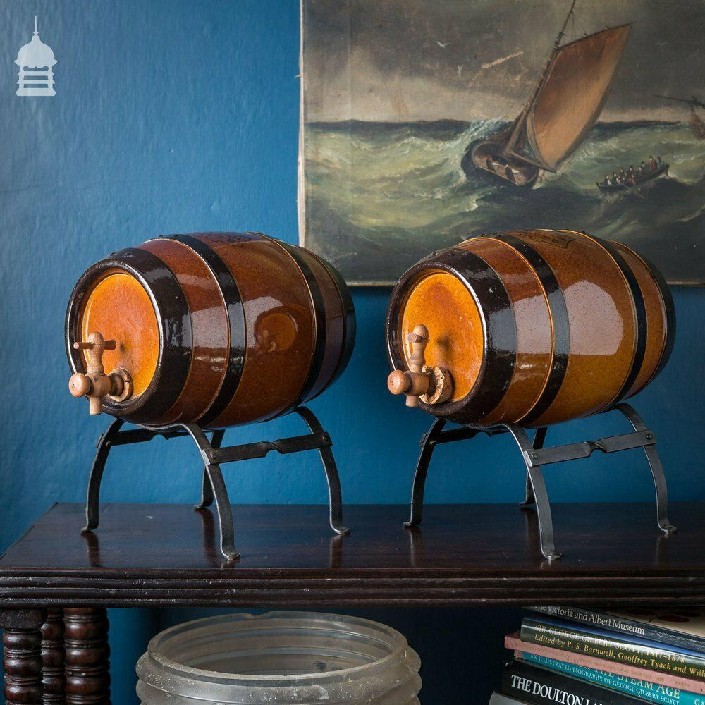 photo buy Pair Of Late 19th C Doulton Lambeth Stoneware Pedestrian Barrelette Picnic Whiskey Barrels On Stands