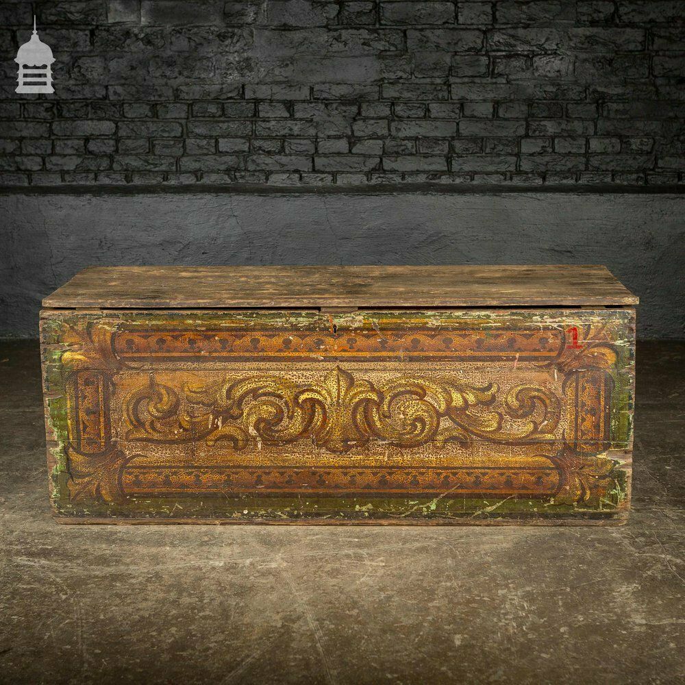 19th C Pine Gypsy Showman’s Travel Chest With Original Painted Finish photo for sale