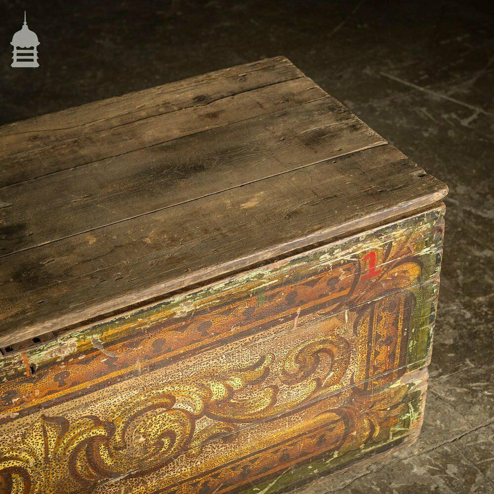 19th C Pine Gypsy Showman’s Travel Chest With Original Painted Finish photo vintage