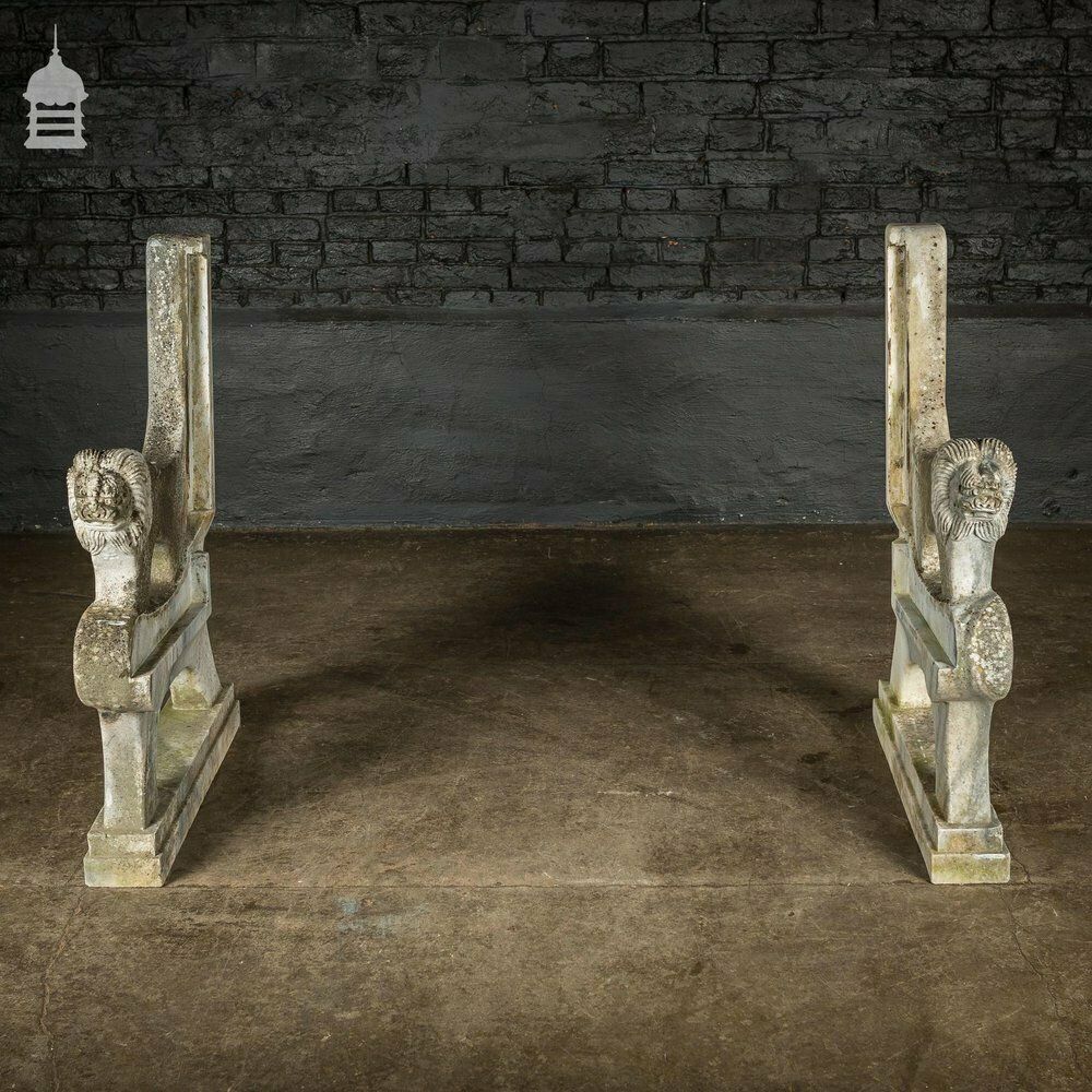 Pair Of Weathered Marble Bench Ends With Carved Dragon Design photo vintage