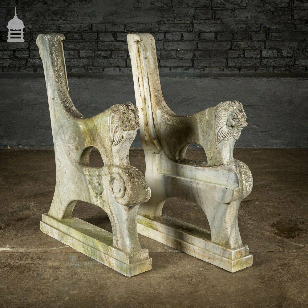 Garden Decor Pair Of Weathered Marble Bench Ends With Carved Dragon Design photo