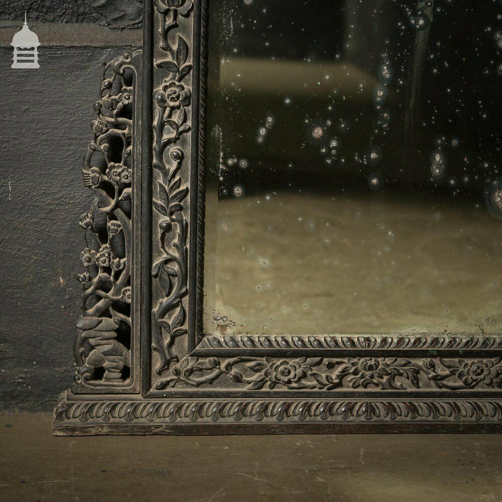 photo for sale Tall 19th C Ebonised Chinese Pier Plate Mirror With Carved Dragons