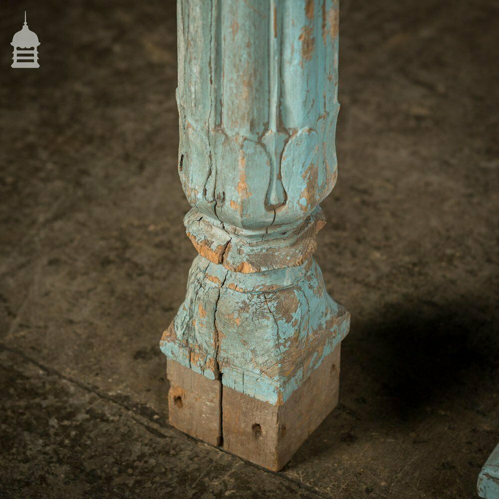 Set Of 4 19th C Blue Painted Reeded Hardwood Columns With Acanthus Leaf Detail photo vintage