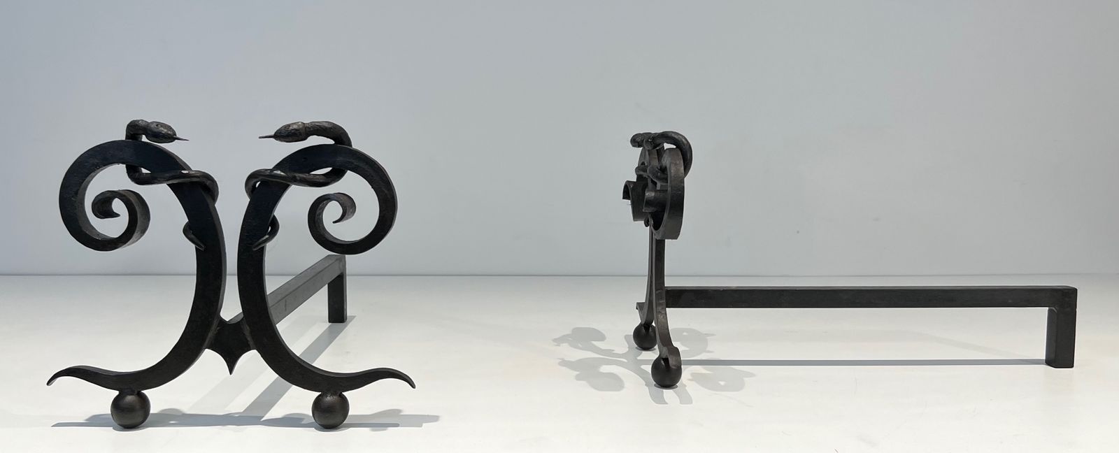 Pair Of Wrought Iron Andirons "With Snakes" In The Taste Of Edgar Brandt photo 1950.0