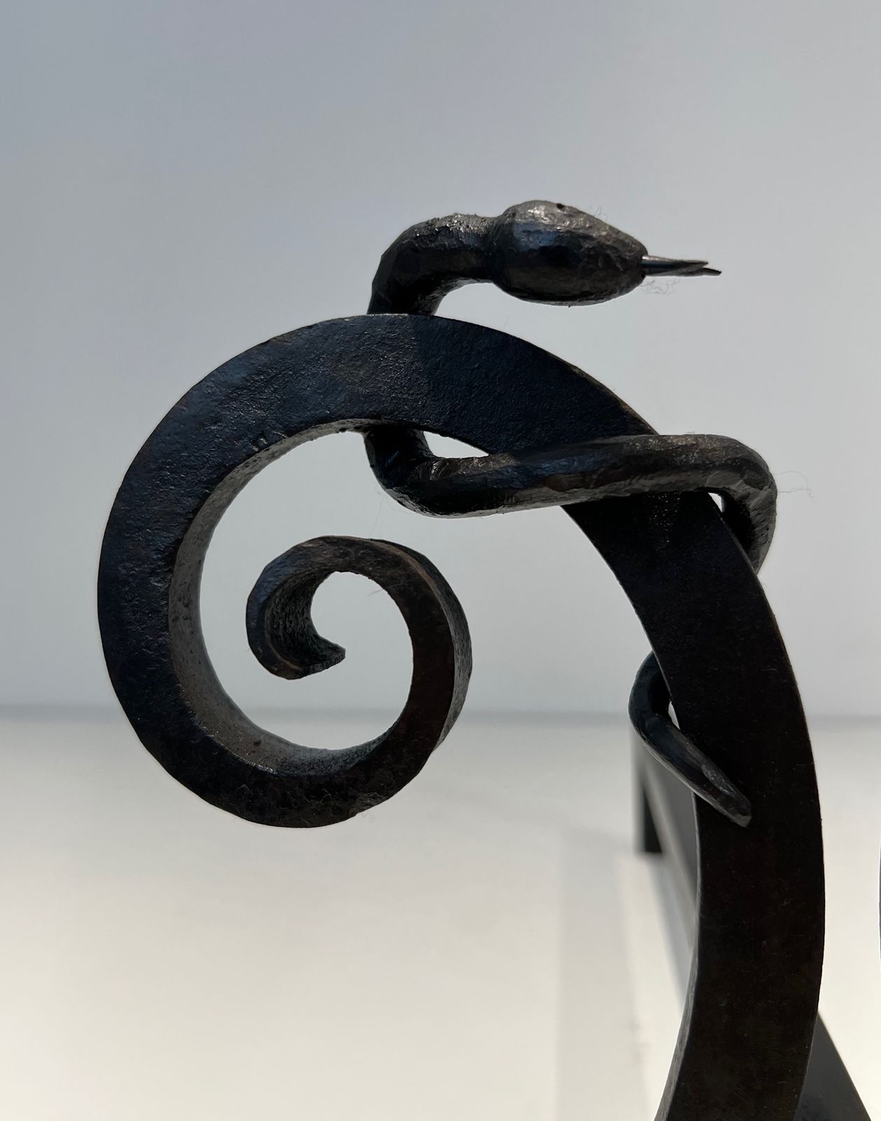 Pair Of Wrought Iron Andirons "With Snakes" In The Taste Of Edgar Brandt photo vintage