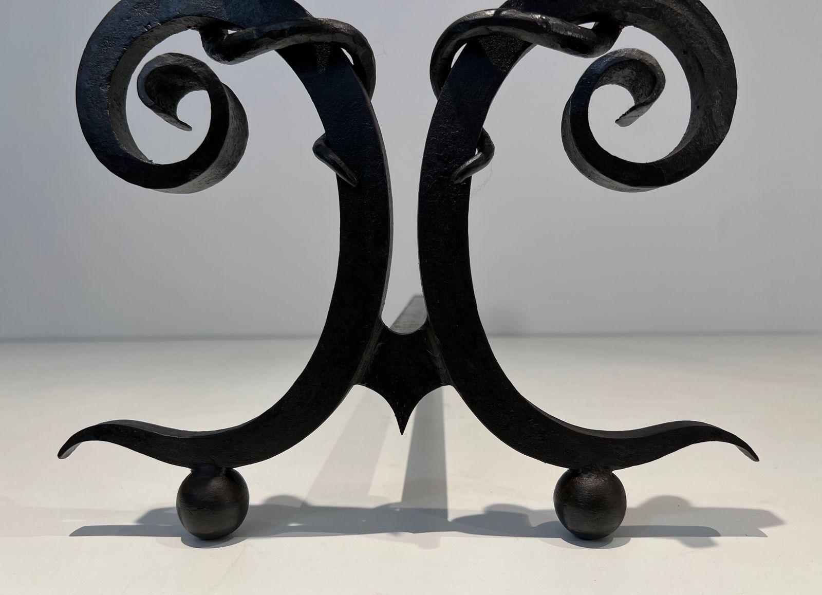 photo for sale Pair Of Wrought Iron Andirons "With Snakes" In The Taste Of Edgar Brandt