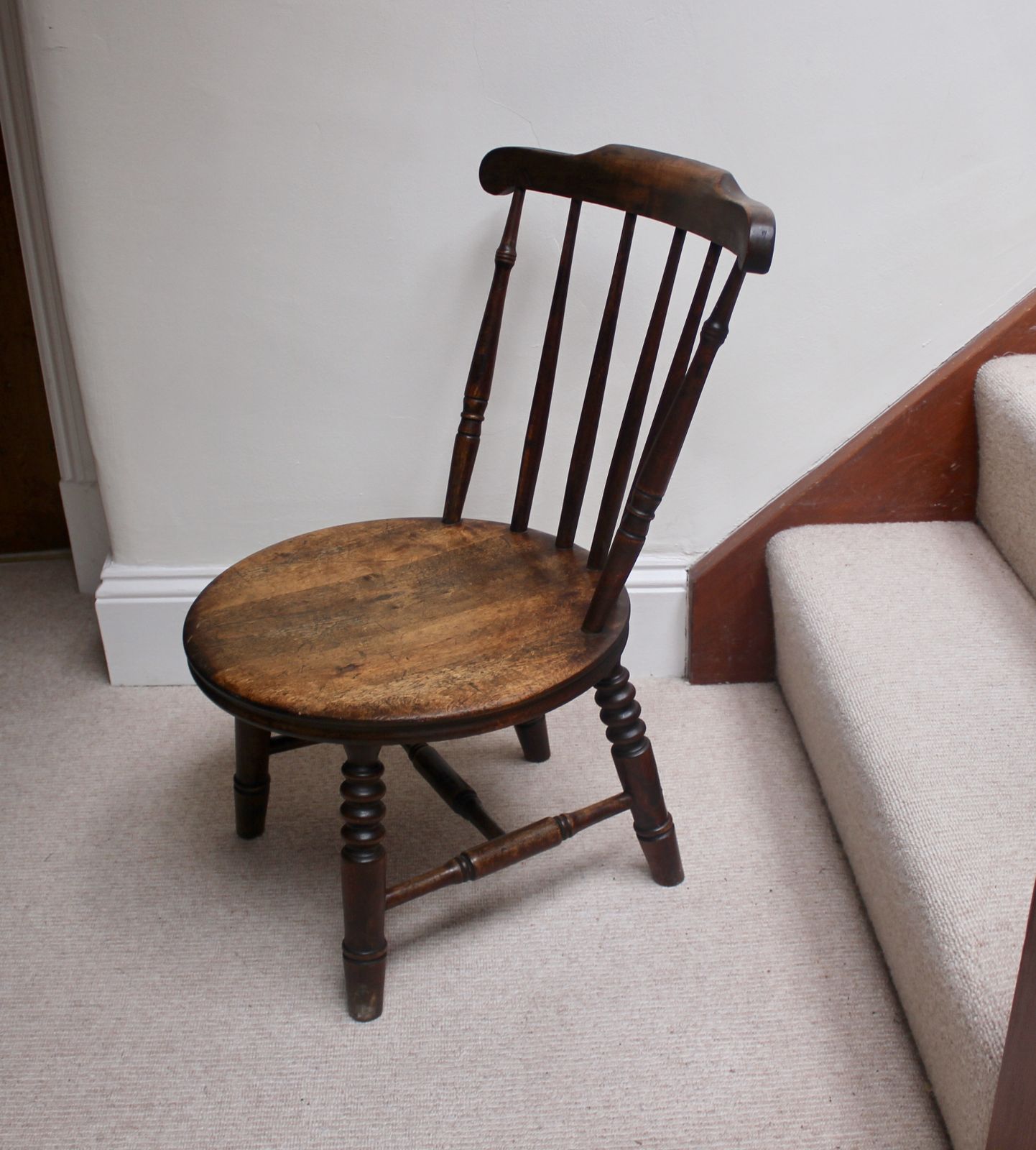 Antique Oak Nursing Chair With Bobbin Legs And Circular Seat photo vinterior