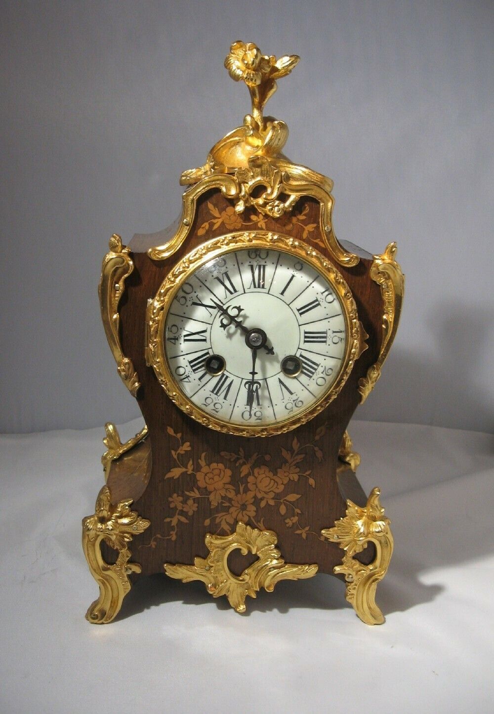 Antique, Inlaid, Rosewood Shaped French Mantle Clock