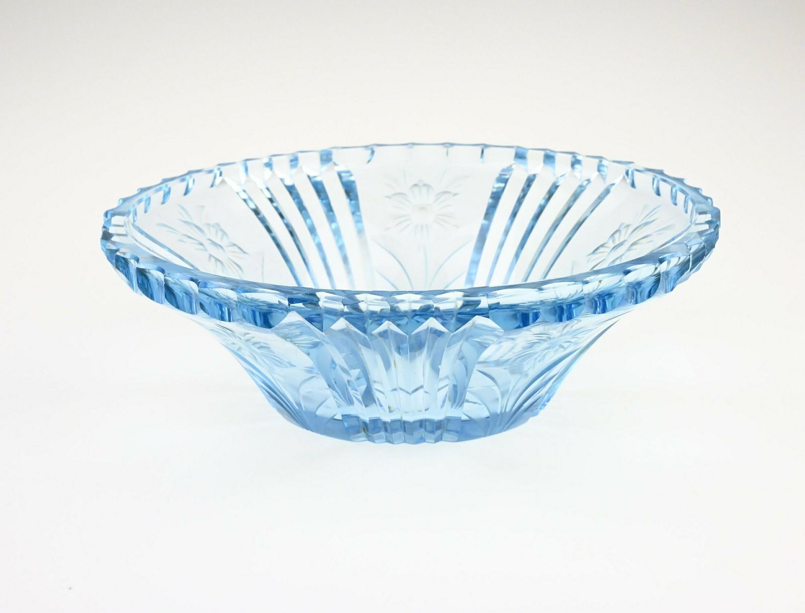 Antique Blue Glass Bowl With Floral Etchings   Timeless Beauty From The 1930s 1940s, Cut To Clear Bowl, Antique Glass Bowl, Blue Glass photo 85.0
