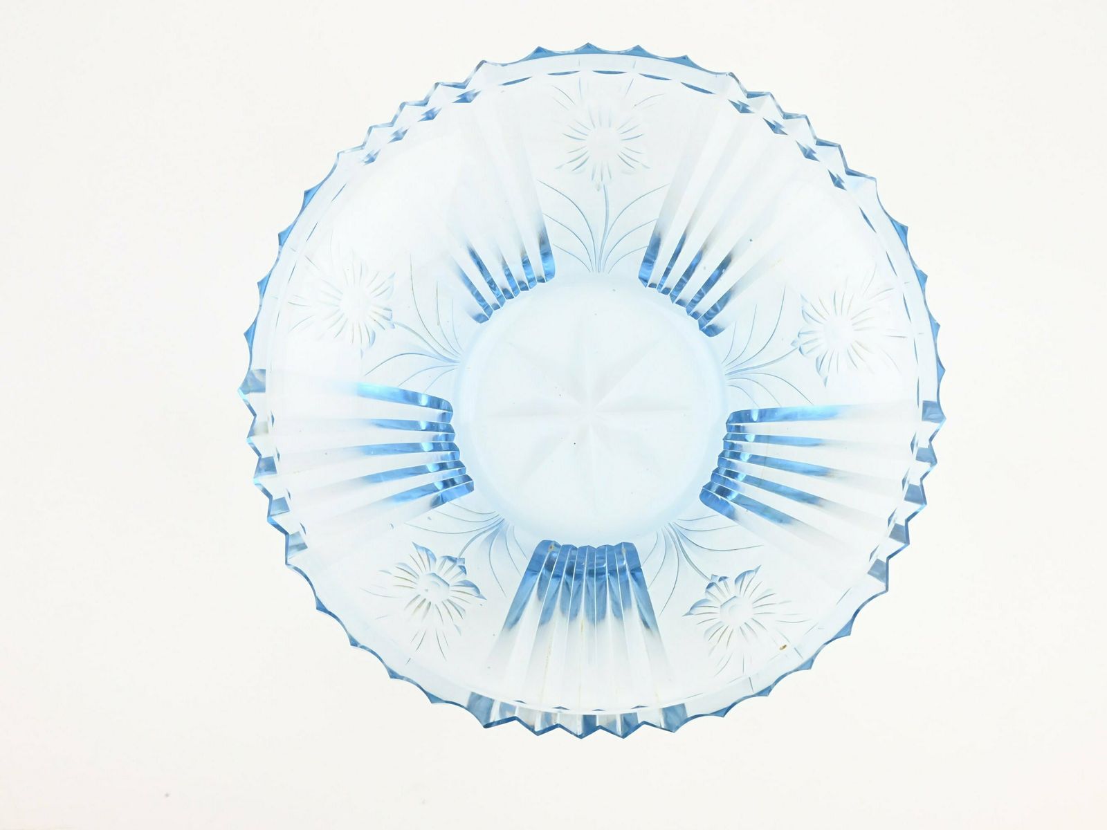 Antique Blue Glass Bowl With Floral Etchings   Timeless Beauty From The 1930s 1940s, Cut To Clear Bowl, Antique Glass Bowl, Blue Glass photo vinterior