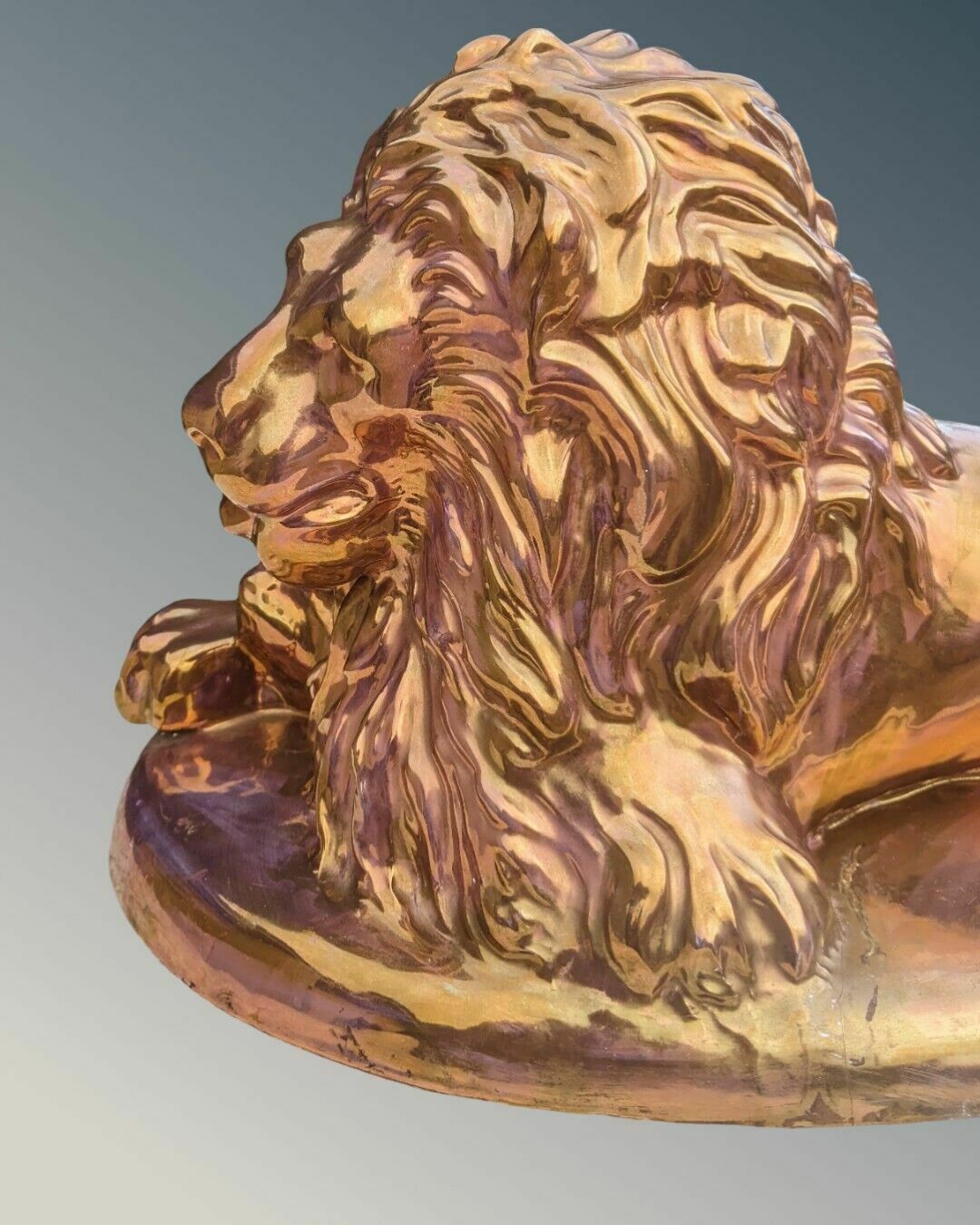 Large Constanti Lion Sculpture In Copper Lustre Glaze photo Art