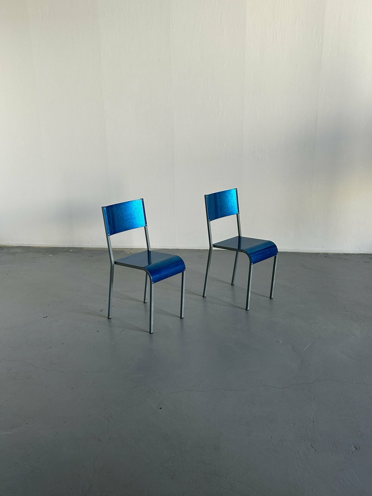 Pair Of Blue Postmodern Industrial Galvanized Metal Dining Chairs By Parisotto, 1980s Italy photo furniture