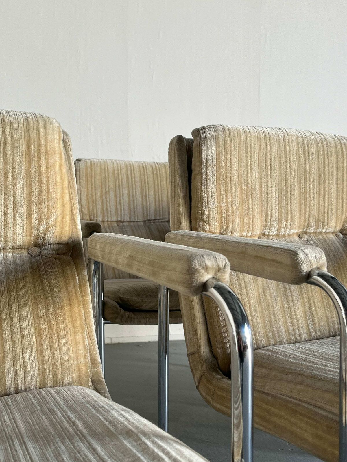 1 Of 6 Mid Century Modern Chrome Tubular Steel And Striped Upholstery Armchairs, 1970s Germany photo buy