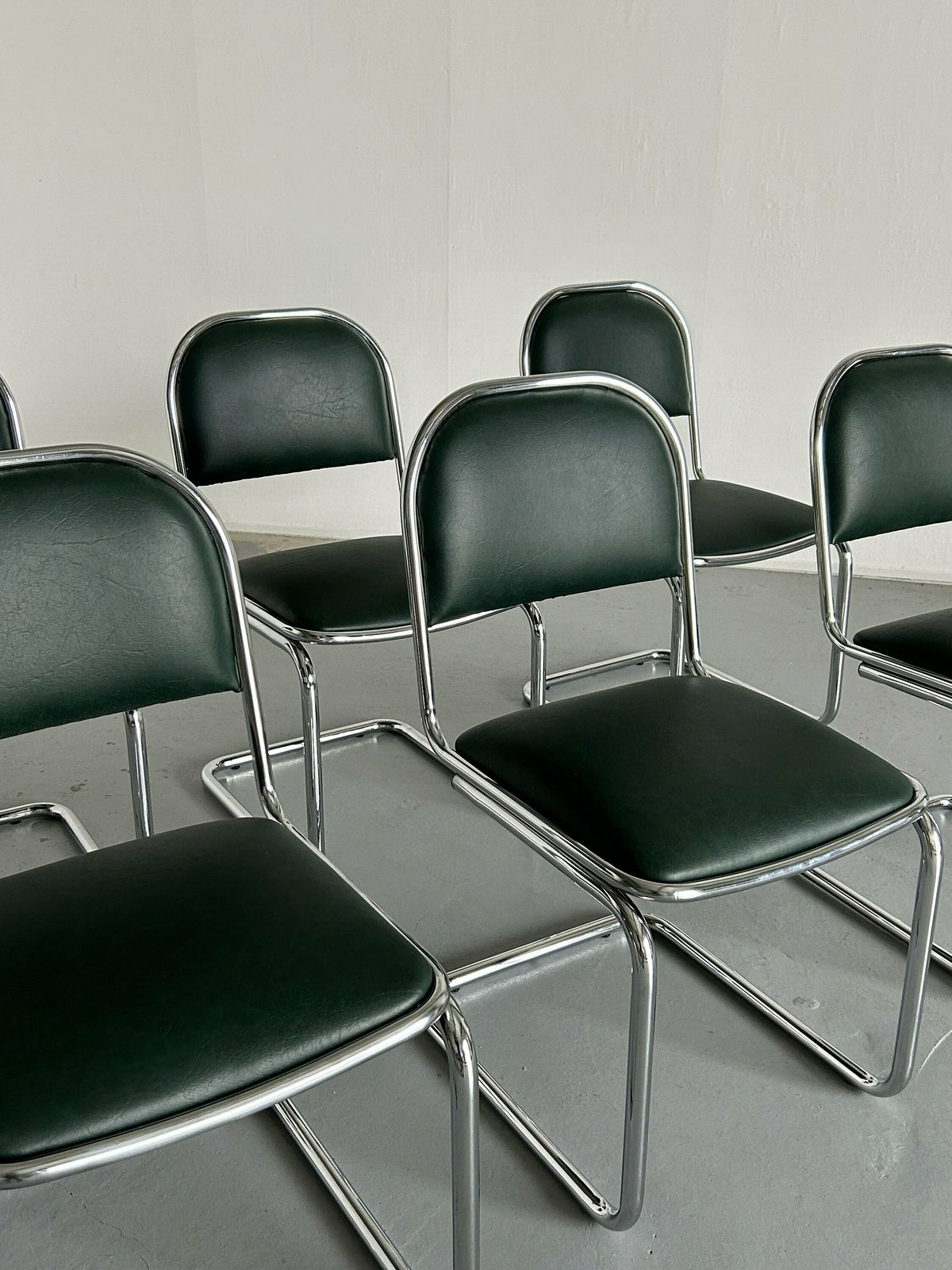1 Of 6 Bauhaus Design Chrome Tubular Steel And Green Faux Leather Cantilever Chairs, 1980s Italy photo for sale