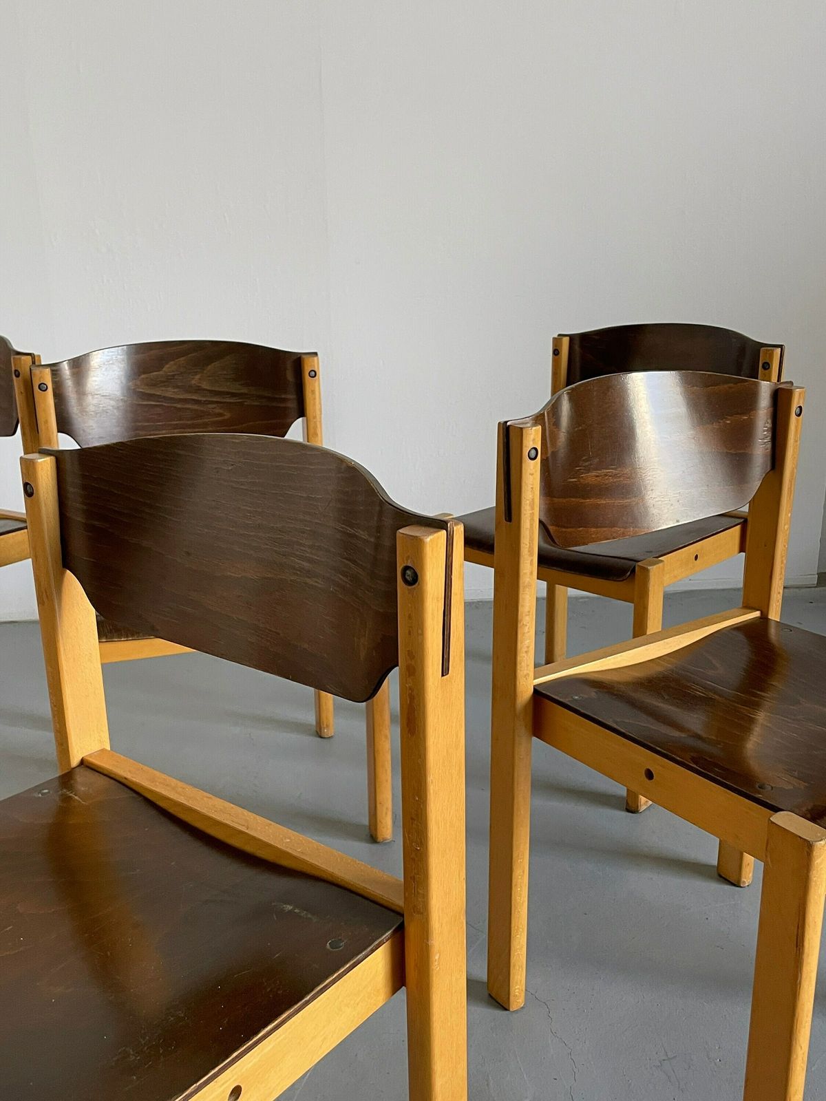 Mid Century Modern Stackable Dining Chairs Or Visitor Chairs In The Style Of Roland Rainer, Beech And Stained Plywood, 1970s Germany photo vintage