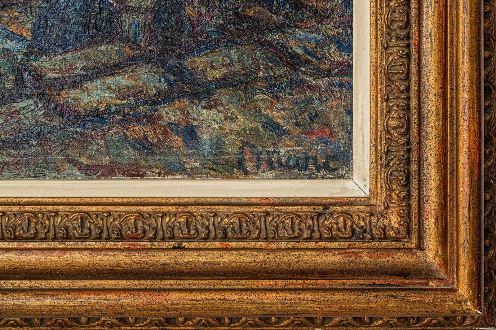 Sfeervol Gesigneerd Impressionistisch Olieverfschilderij Van Aken In Een Haven photo 678.0