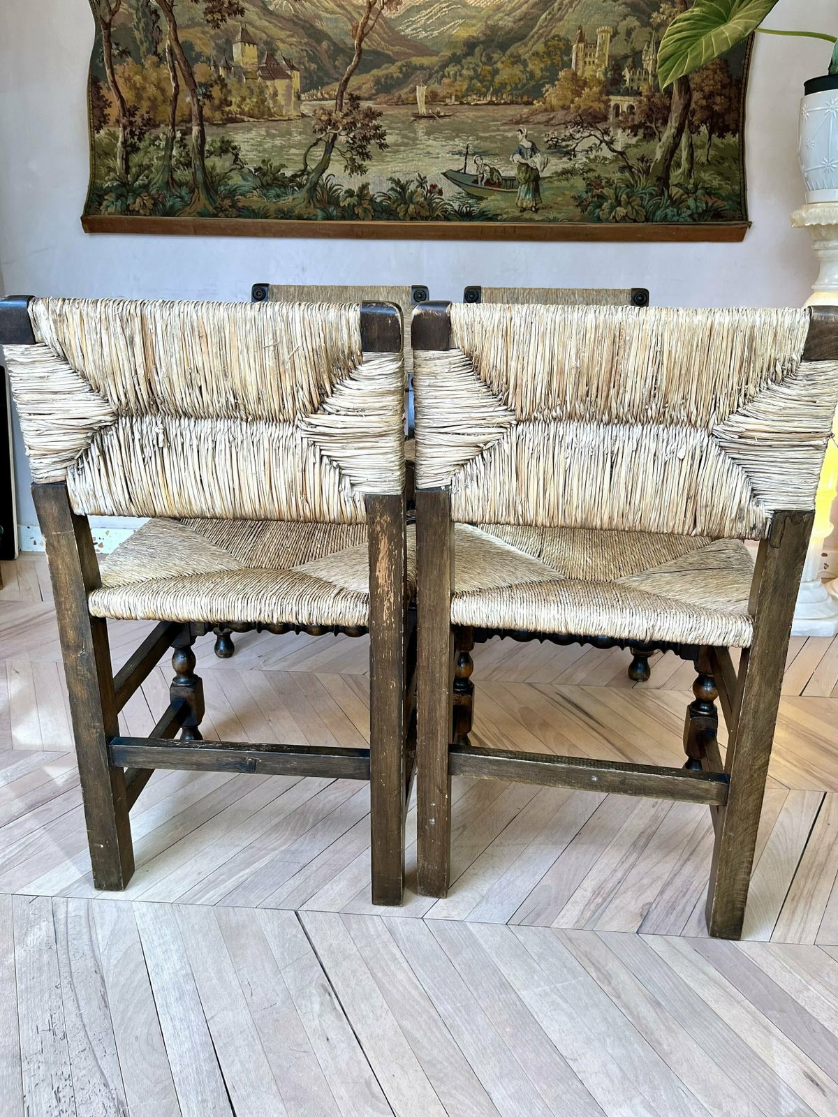 Set Of Four 1950s French Rush & Carved Oak Dining Chairs photo Furniture