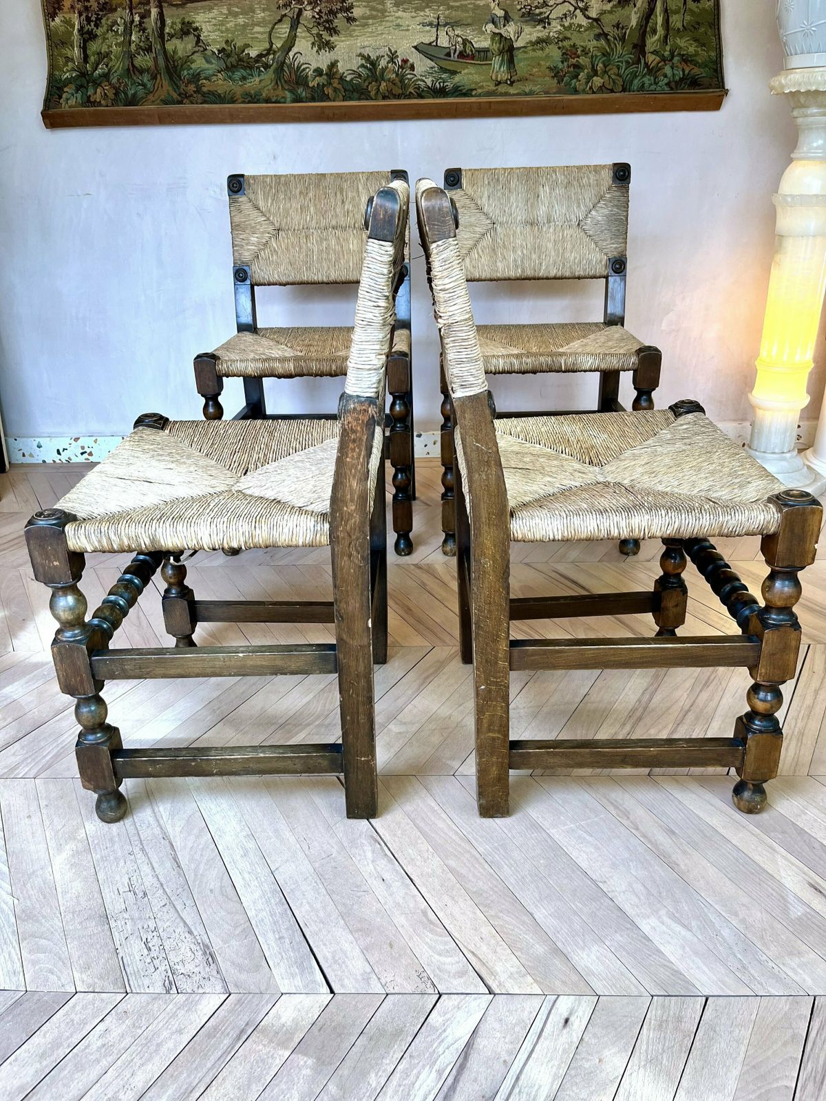 Furniture Set Of Four 1950s French Rush & Carved Oak Dining Chairs photo
