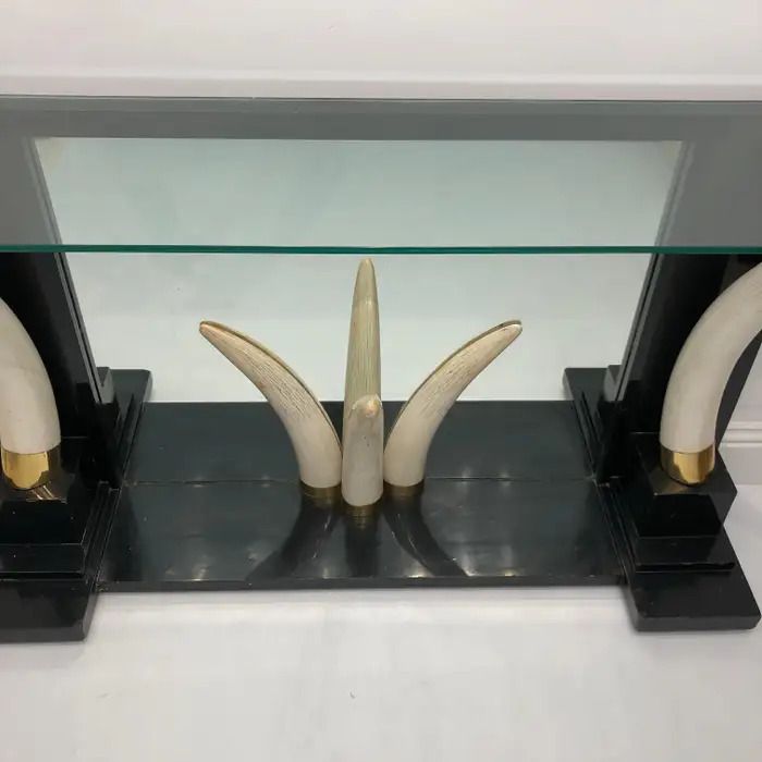 Versailles Collection Elephant Faux Tusk Ebony Console Glass Top With Mirror1970s photo for sale