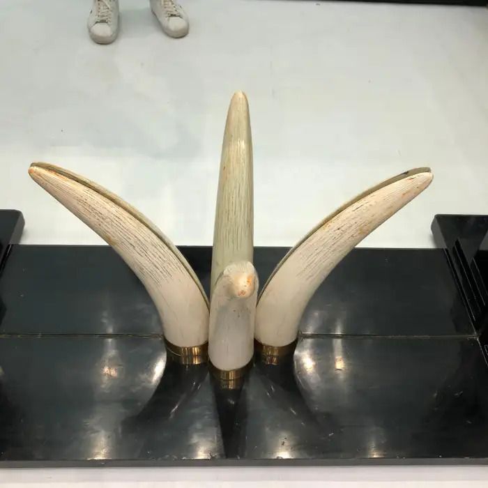 photo vintage Versailles Collection Elephant Faux Tusk Ebony Console Glass Top With Mirror1970s