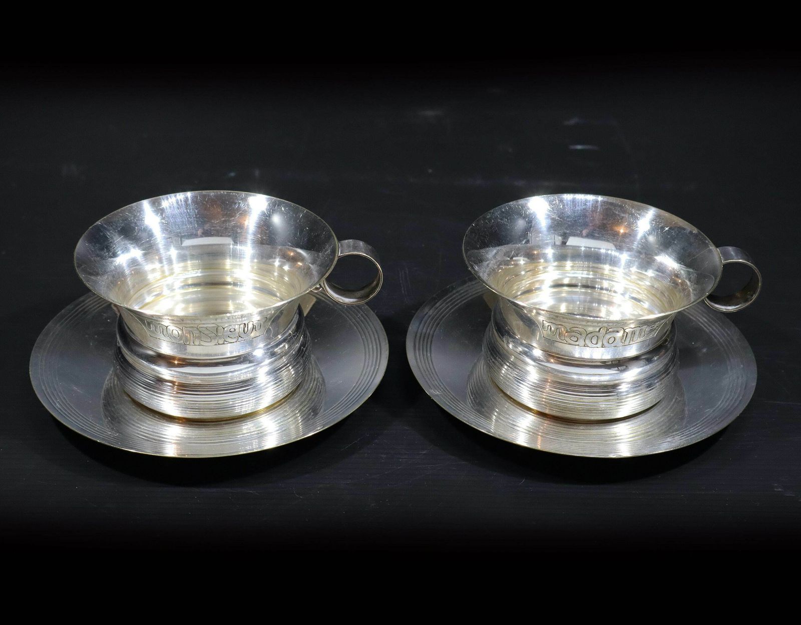 Antique French Silver Plated Madame & Monsieur Tea Cup Set photo furniture