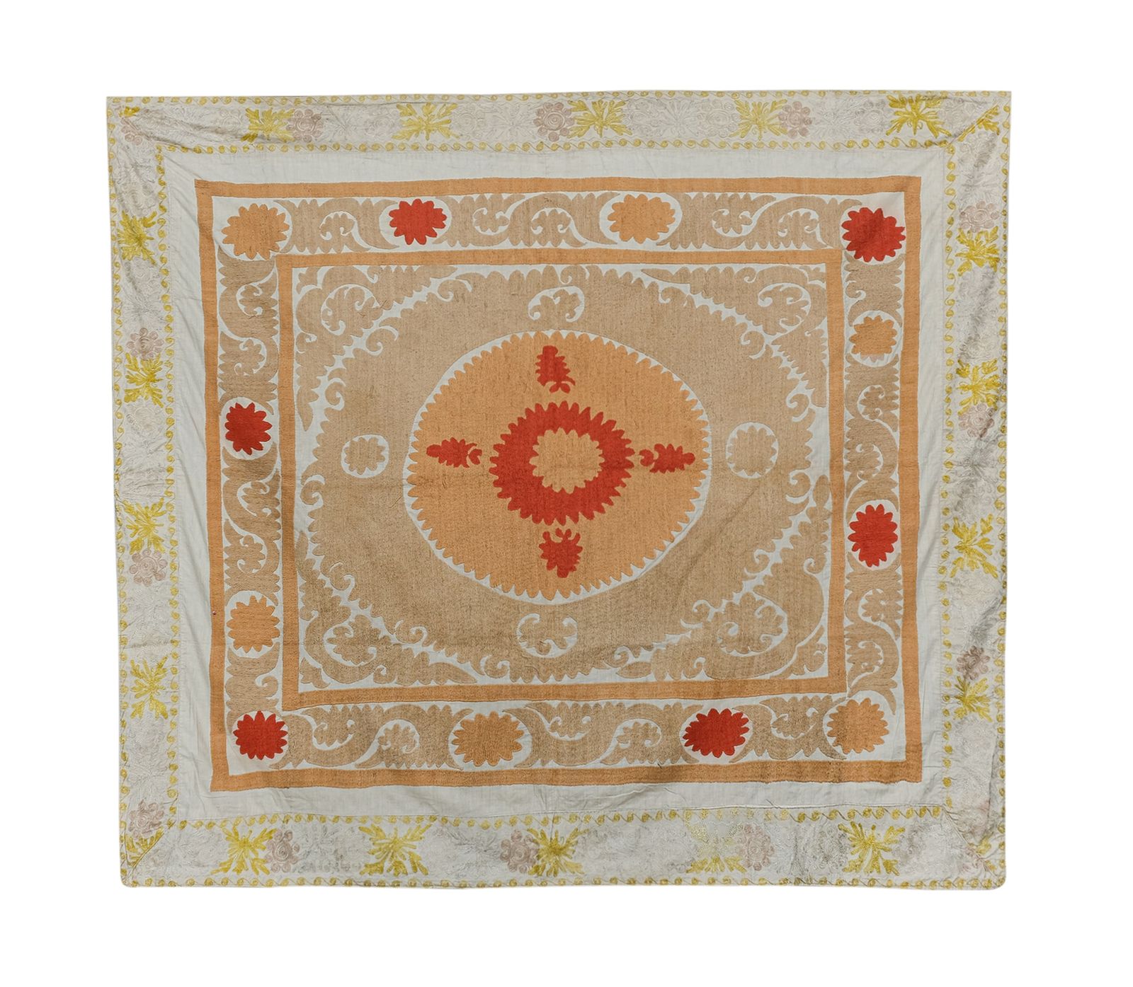 Suzani Bedspread   Neutral Tan Uzbek Cloth   Tribal Embroidery Wall Decor, Boho Textile, Ethnic 152 X 175