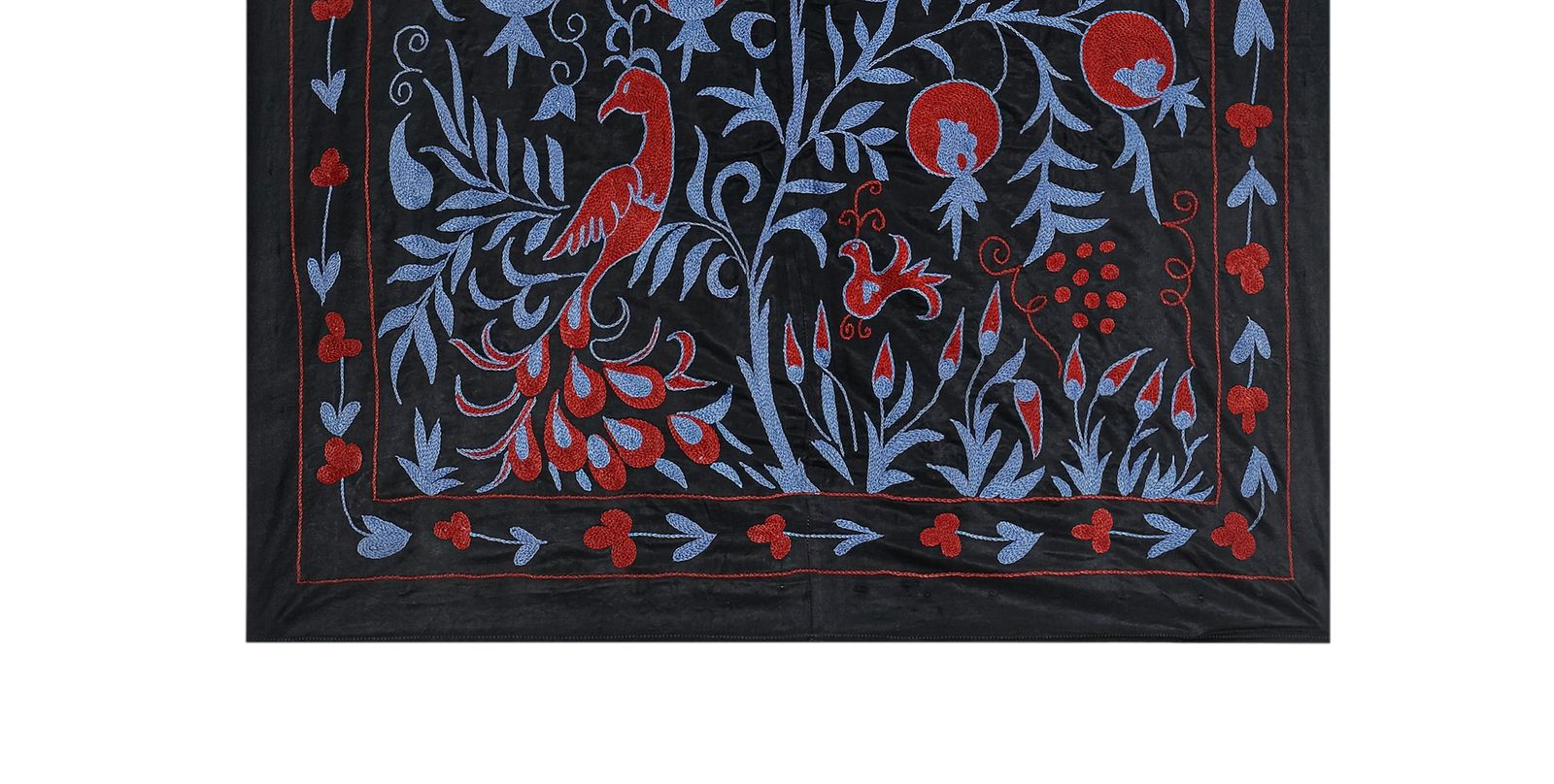 Vintage Folk Art Pictorial Silk Suzani From Uzbekistan, Tree Of Life Samarkand Suzani Tablecloth, Bird Wall Hanging Tapestry 103 X 187 photo 338.0