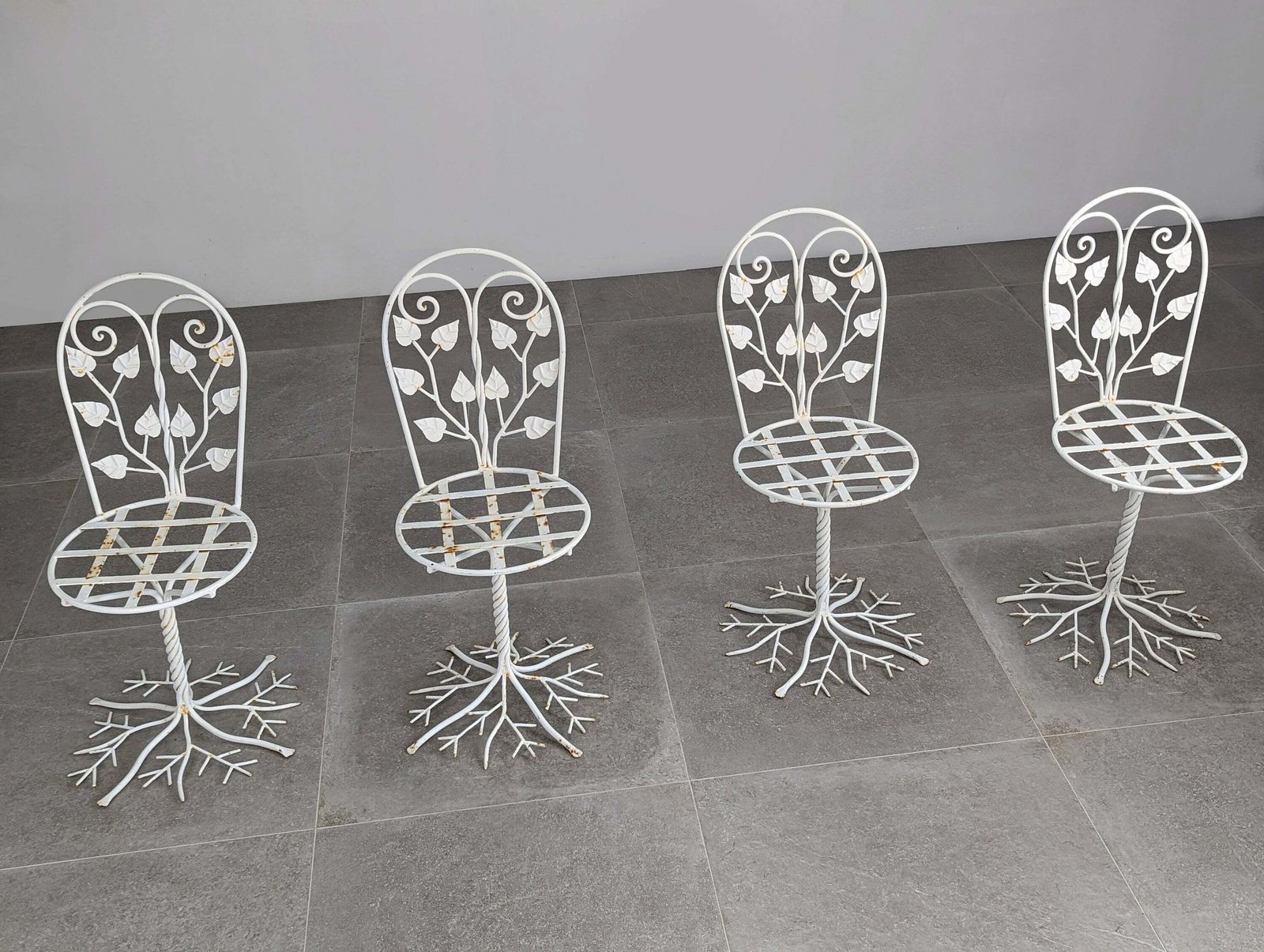Set Of Five Sculptural Wrought Iron Garden Chairs With Tree Design 1950s