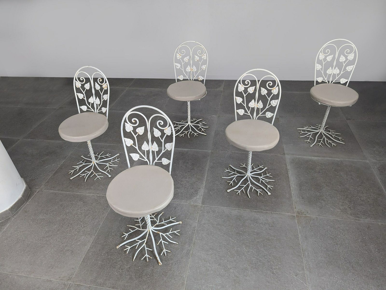 Set Of Five Sculptural Wrought Iron Garden Chairs With Tree Design 1950s photo furniture