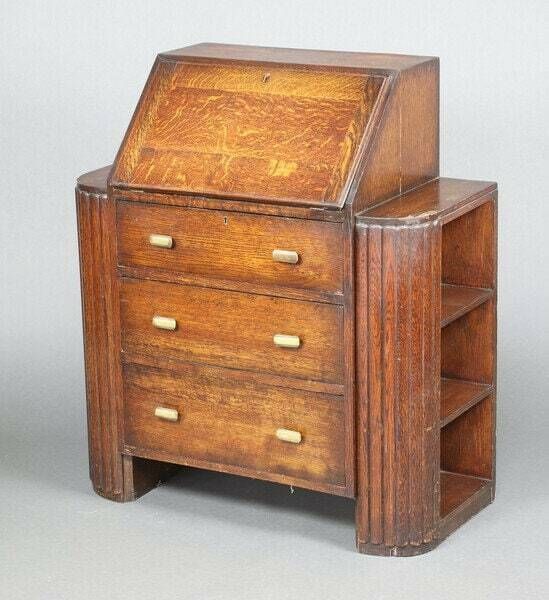 An Art Deco Student's Oak Bureau, The Fall Front 3 Long Graduated Drawers, The Sides Fitted 3 Shelves, photo 350.0