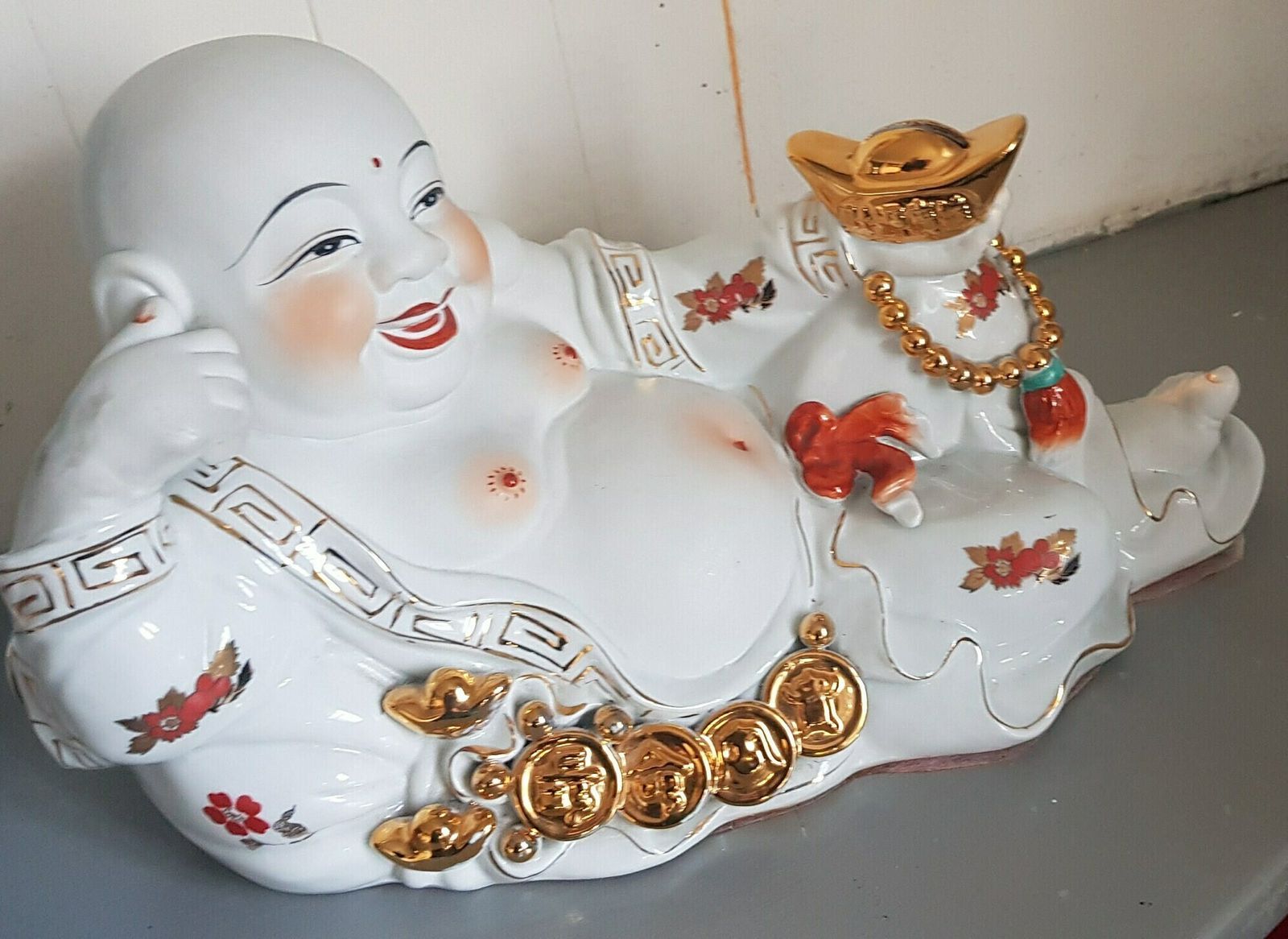 Large Vintage Porcelain Laughing Buddha Money Box