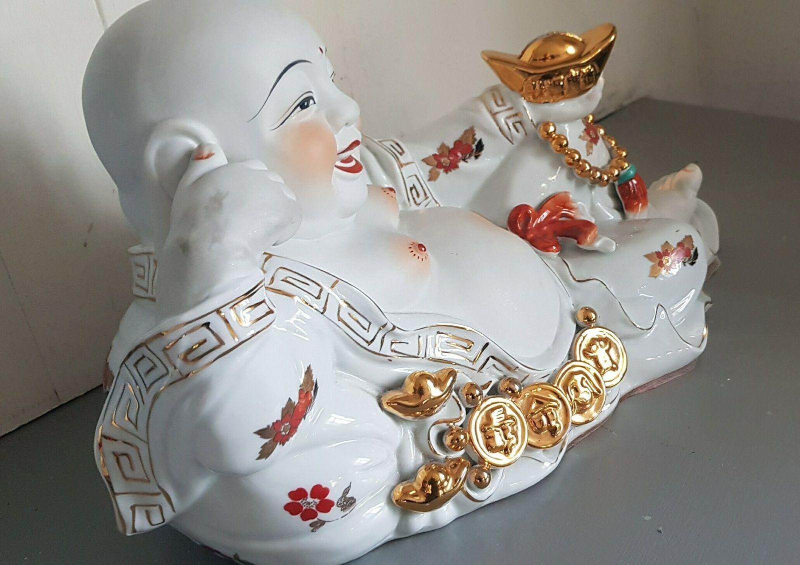 Large Vintage Porcelain Laughing Buddha Money Box photo for sale