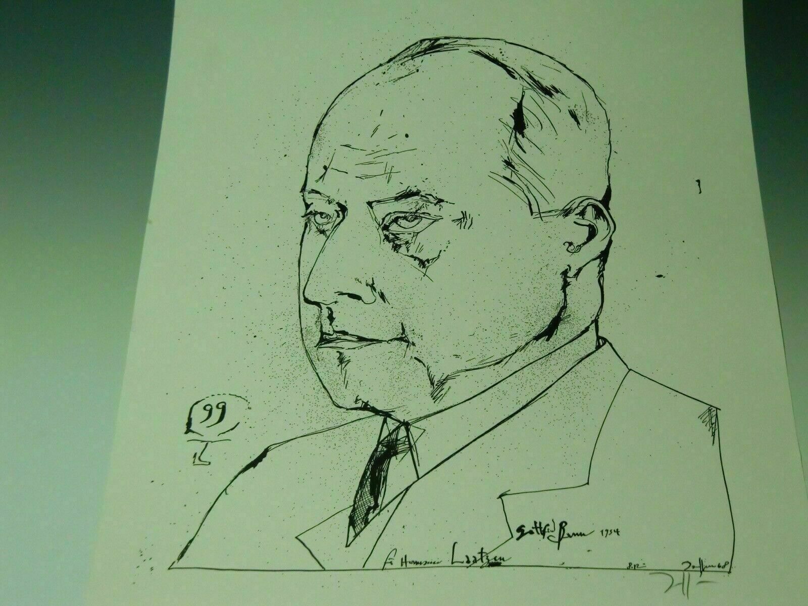 photo furniture Horst Janssen Zinkografie Gottfried Benn Autographed 1968 Lithography 1.Z