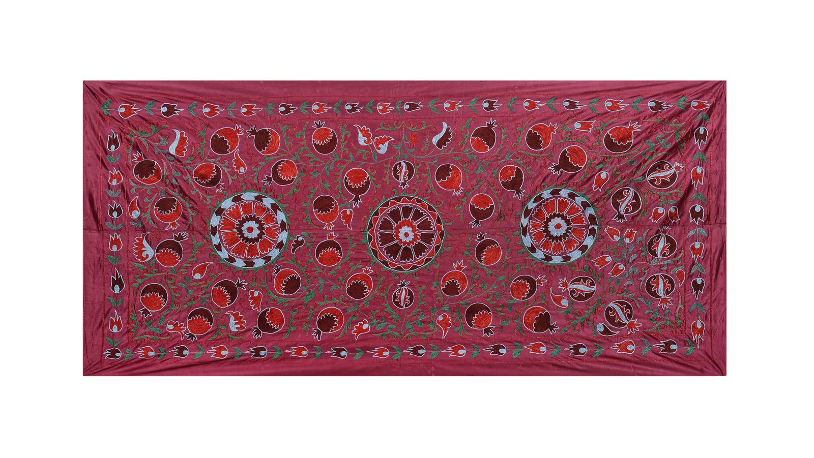Silk Suzani Table Runner With Pomegranate Design, Red And Blue Samarkand Wall Decor 93 X 195 photo for sale