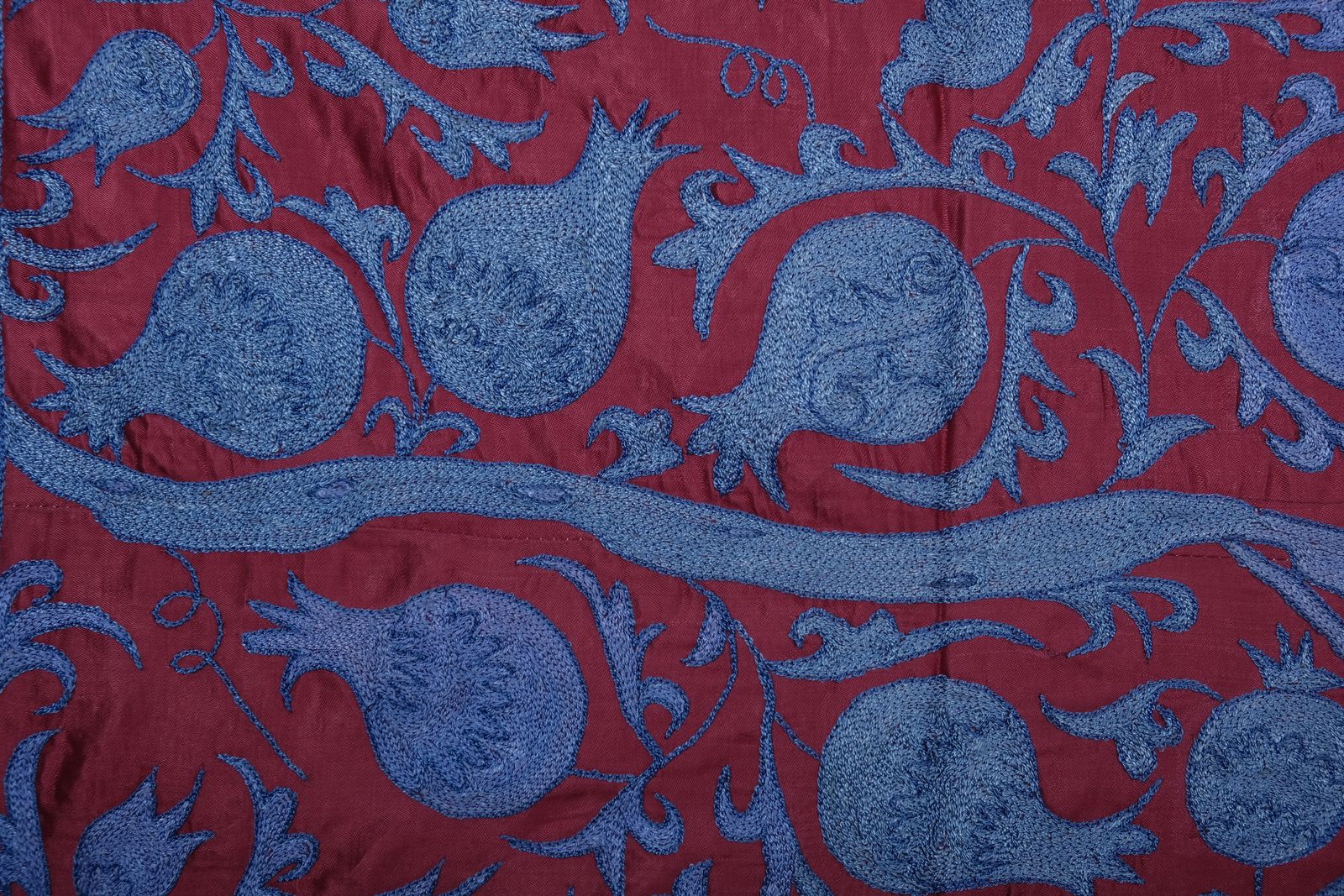 Silk Suzani Throw With Pomegranate Design, Tree Of Life Raspberry Red And Blue Suzani Wall Decor 95 X 190 photo vinterior