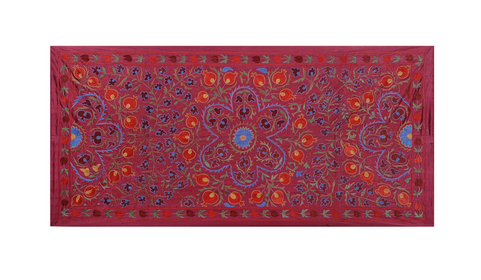 Silk Red Suzani Runner, Handmade Samarkand Suzani Fabric, Wall Hanging Decor And Coverlet 95 X 190 photo vinterior